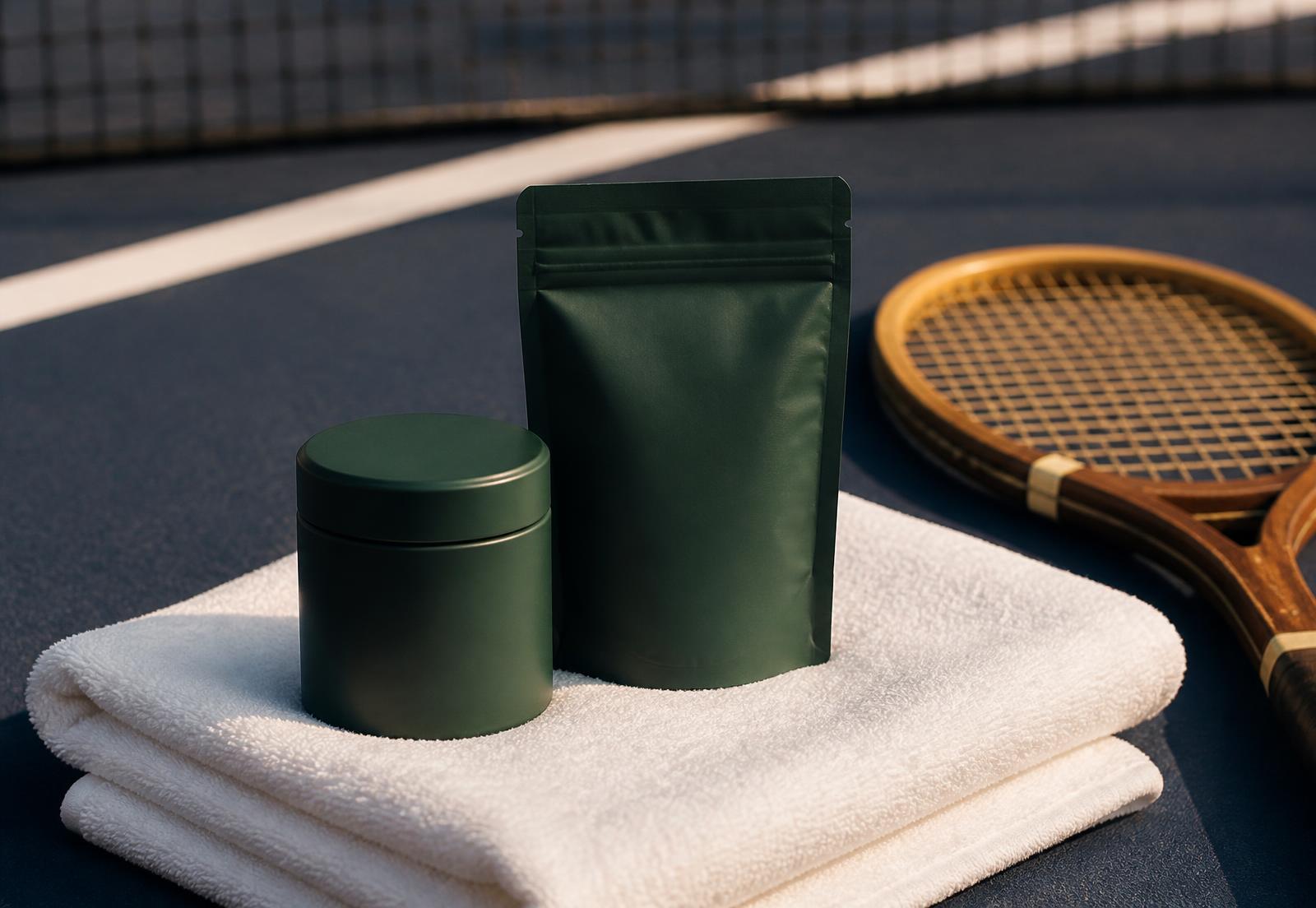 Club Matcha tins on a tennis court at golden hour